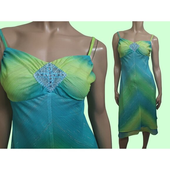 Y2K Slip Dress Size S Blue Green Metallic Stripe Midi Fairy Mermaid Party - Picture 13 of 13